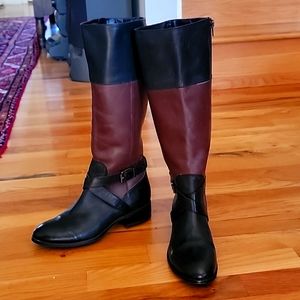 RALPH LAURENtall Boots.brown black with buckle 14in zipper,1in heels sz6.5 INC